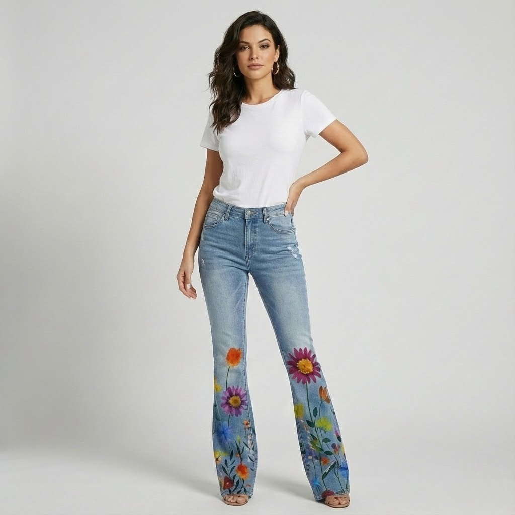 Calças de ganga bordadas em algodão | Corte direito | Estilo casual com detalhe artístico