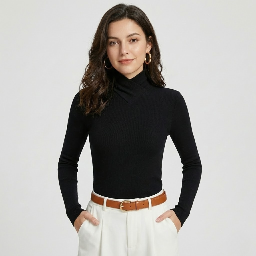 Camisola de malha fina em mistura de viscose | Corte ajustado | Gola estruturada elegante