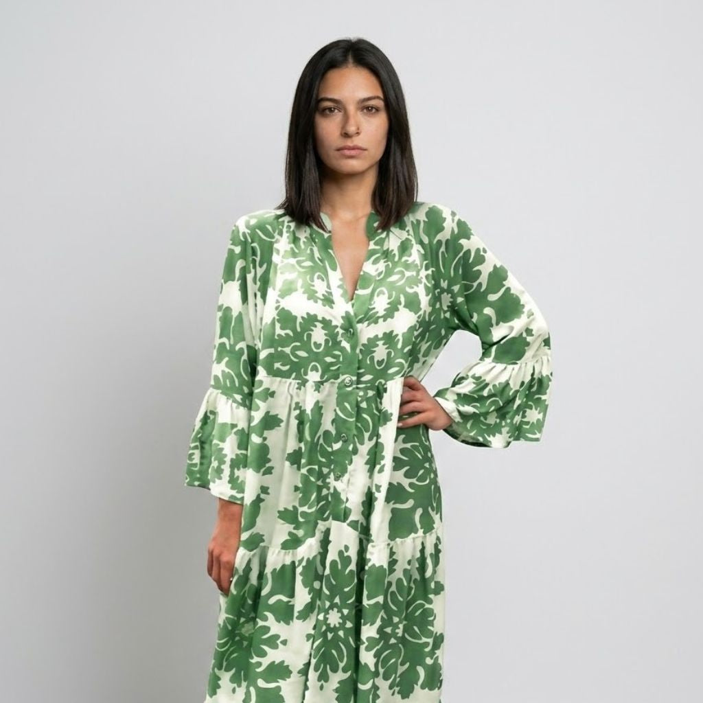 Vestido Comprido Fluido com Decote em V e Movimento Leve