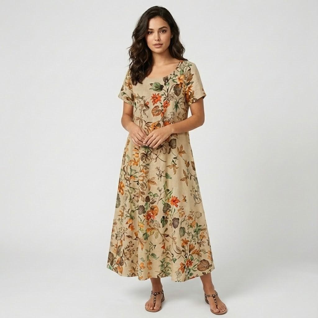 Vestido fluido com estampado floral em mistura de linho | Corte evasé | Leveza natural para o dia-a-dia