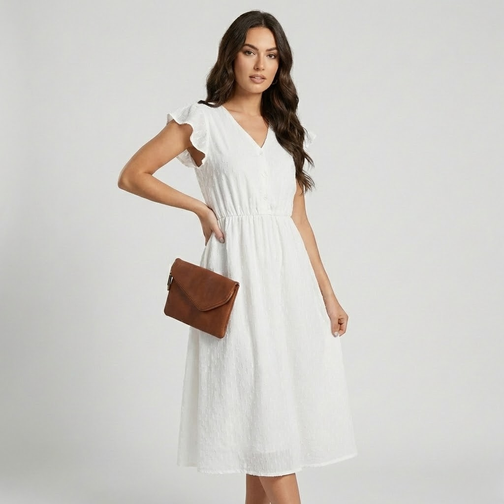 Vestido midi fluido em algodão texturado | Corte cintado | Delicadeza romântica