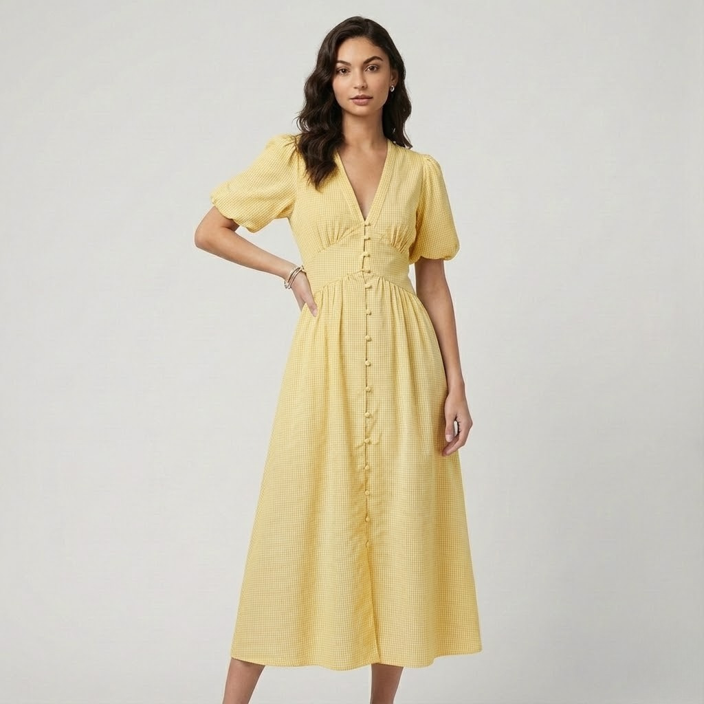 Vestido midi fluido em algodão suave | Cintura marcada | Elegância intemporal