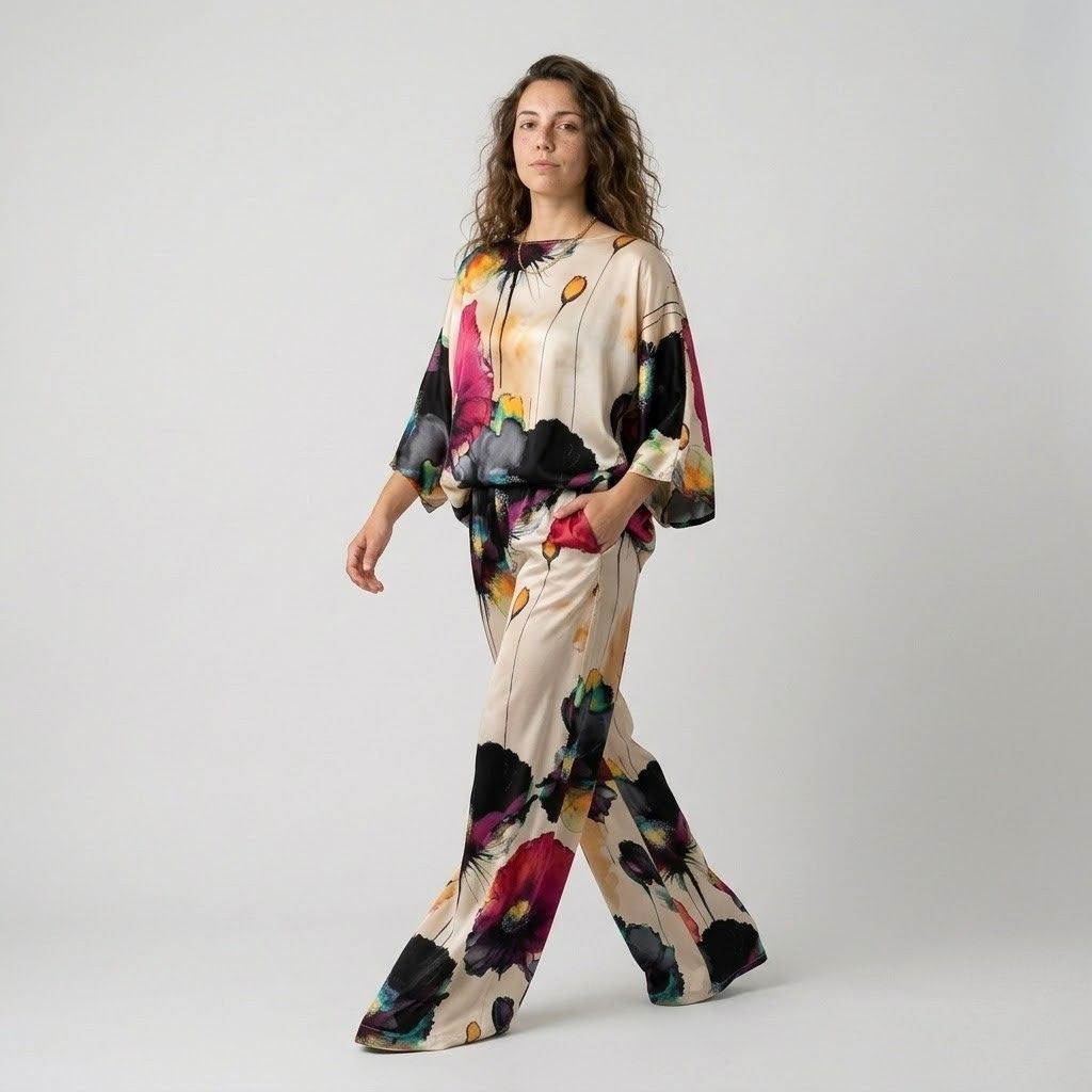 Conjunto Fluido Estampado com Blusa Solta e Calça de Perna Larga