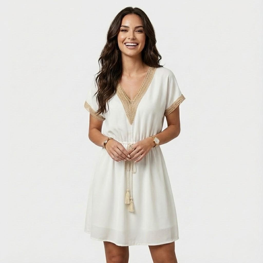 Vestido midi fluido em mistura de viscose | Corte direito com cinto | Elegância minimalista