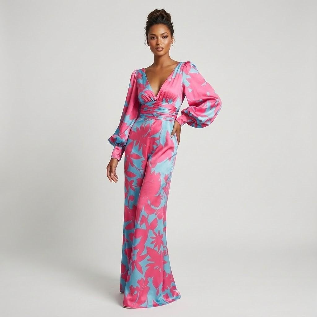 Vestido comprido feminino fluido com decote em V