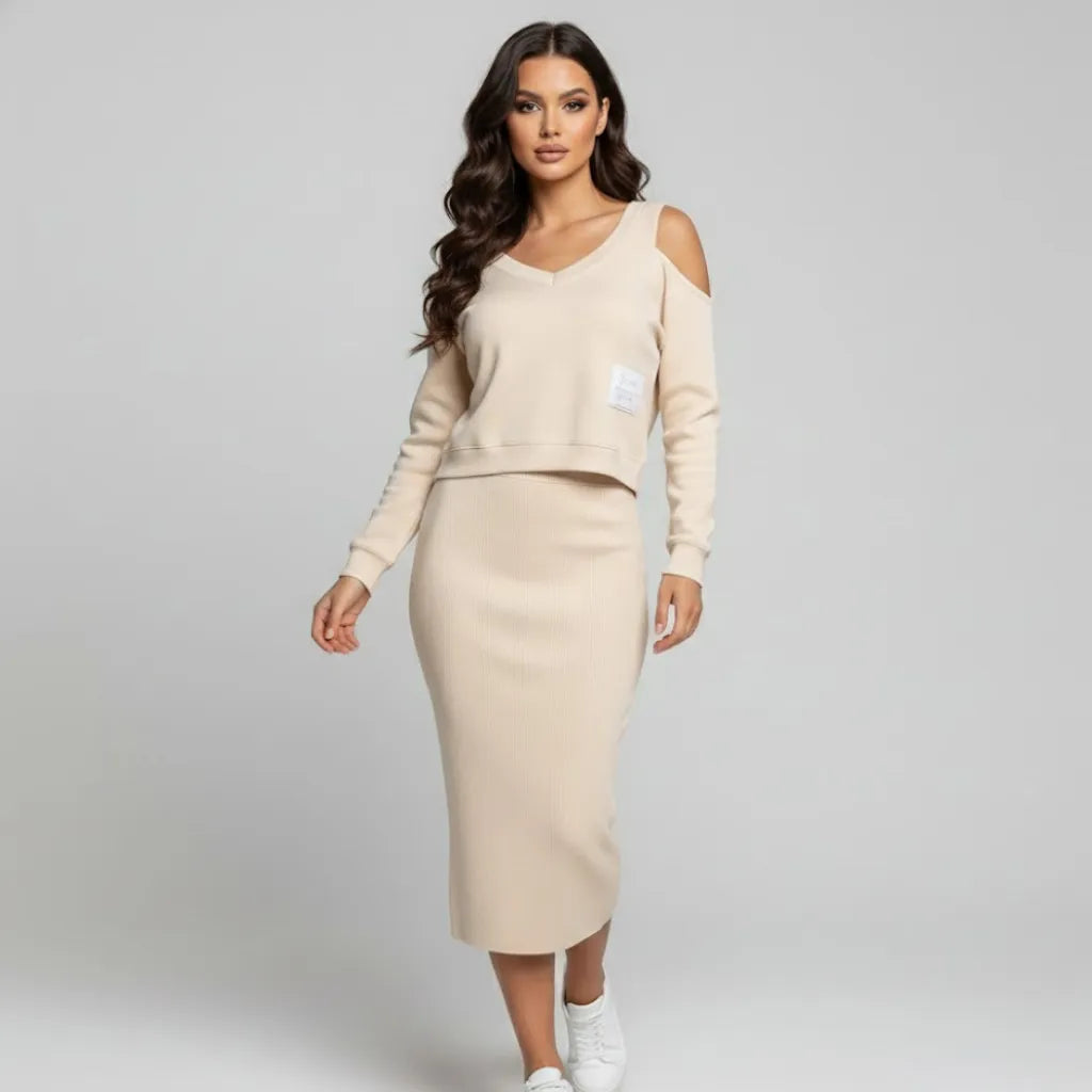 Conjunto elegante em mistura suave | Saia midi e sweatshirt curta | Estilo urbano sofisticado