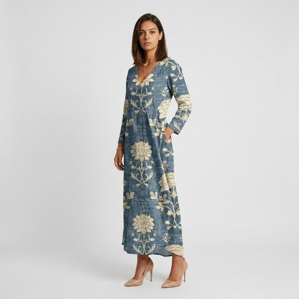 Vestido Midi Estampado com Decote em V e Corte Conforto Natural