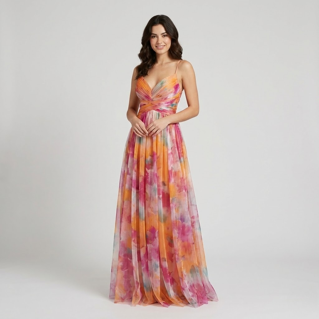 Vestido comprido fluido em mistura de viscose | Corte império | Decote profundo elegante