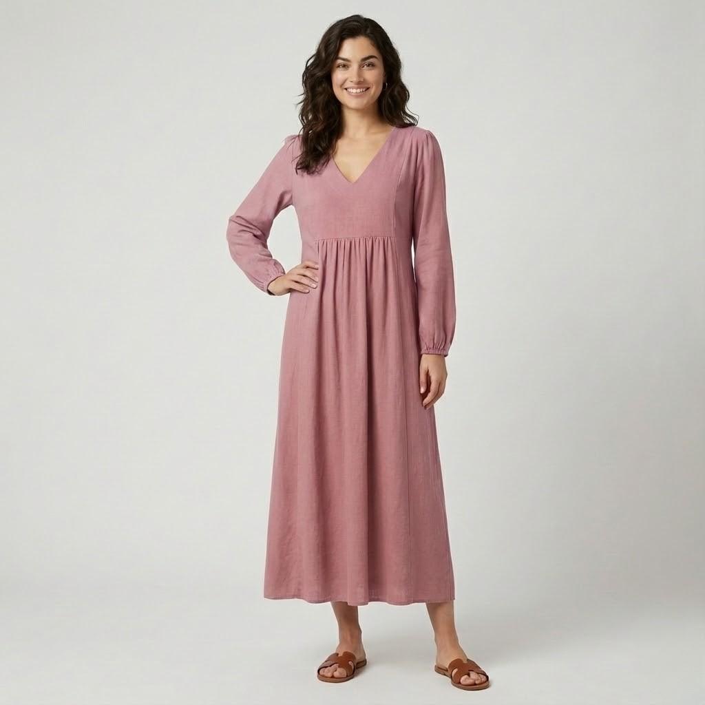 Vestido midi fluido de inspiração natural | Corte império | Elegância descontraída