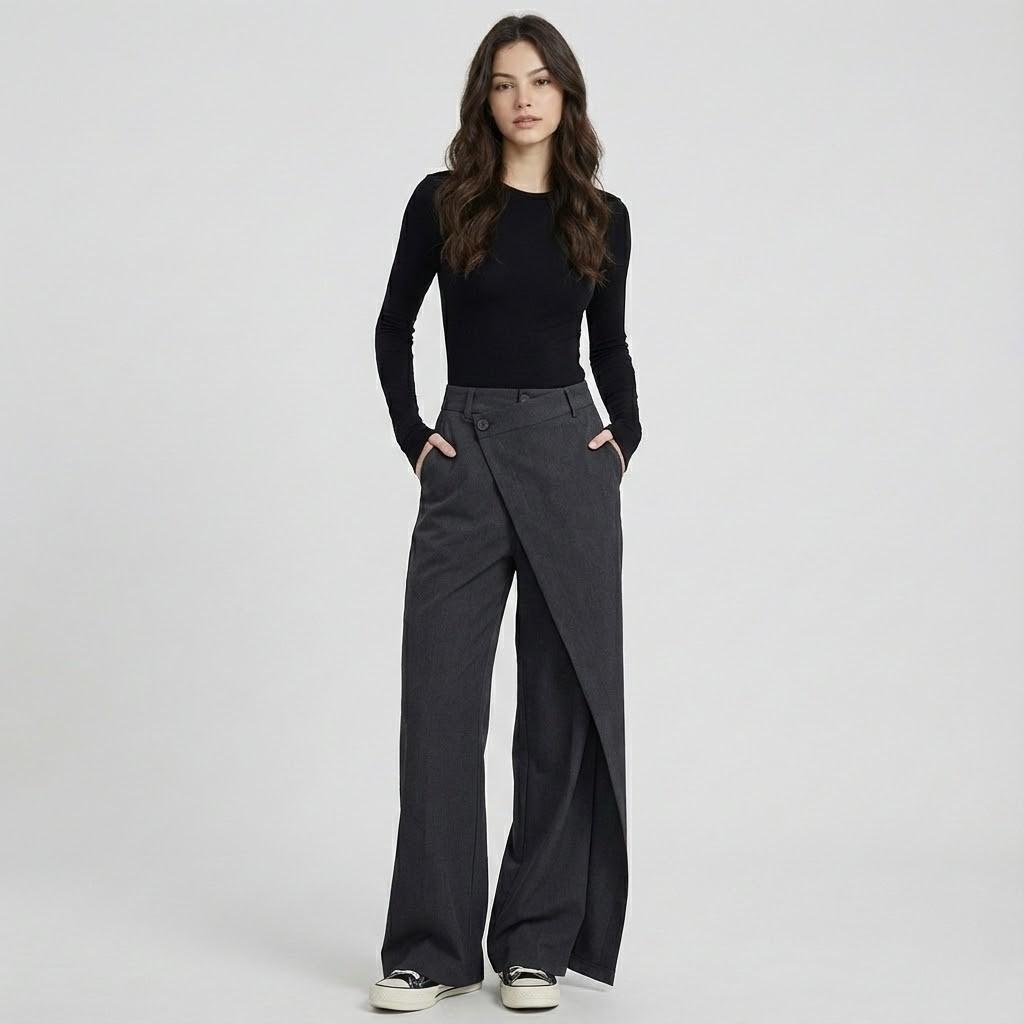 Calças assimétricas de alfaiataria | Corte largo | Fecho duplo contemporâneo