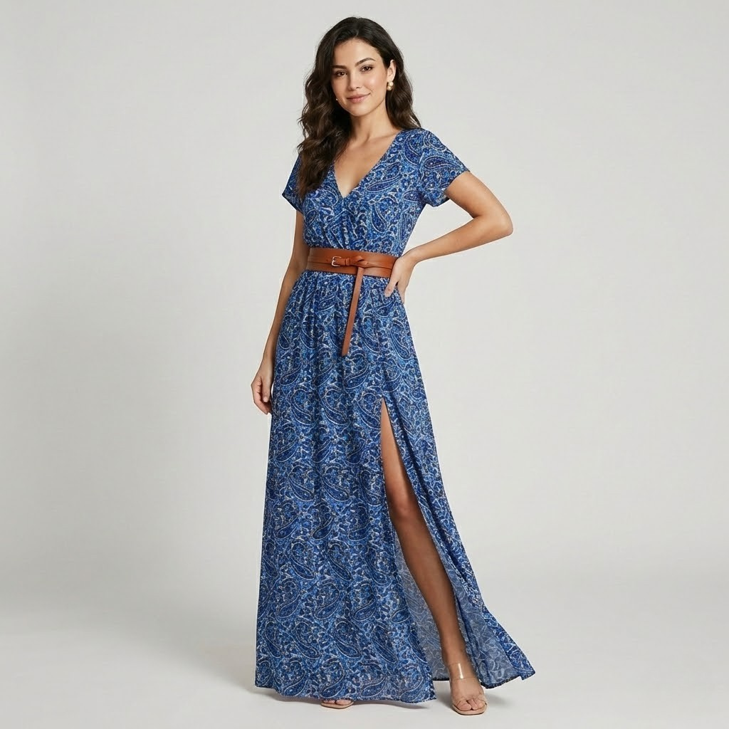 Vestido longo fluido em tecido leve | Corte cintado | Racha lateral elegante