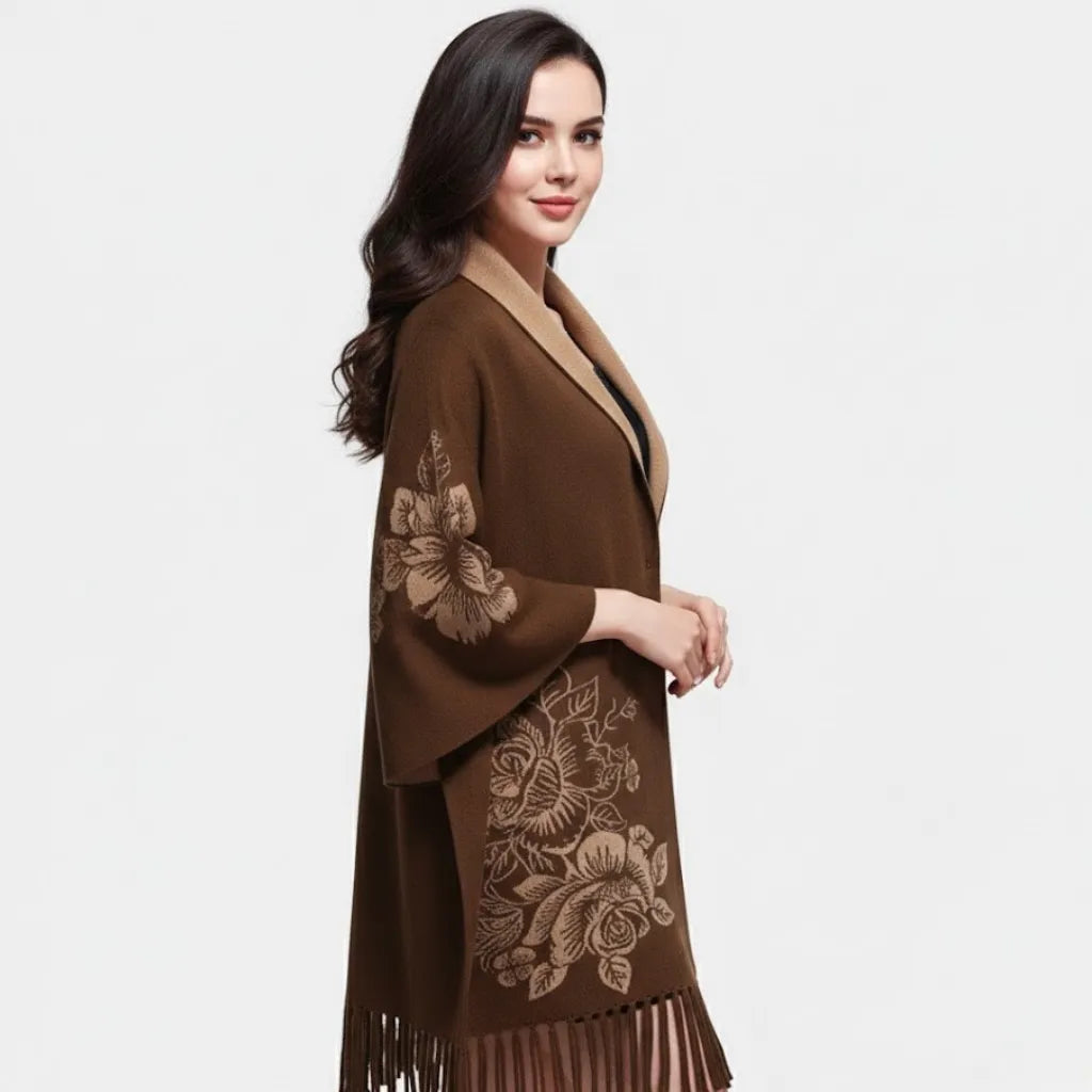 Cardigan tipo kimono em malha elegante | Corte amplo | Padrão floral com franjas