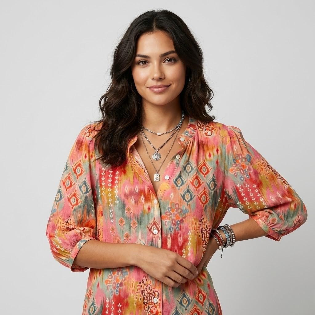 Blusa estampada de inspiração boémia | Corte solto | Estilo descontraído