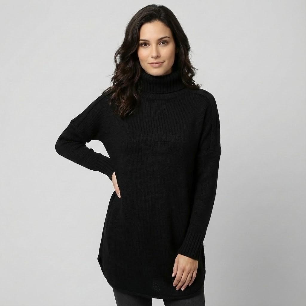 Camisola comprida de malha aconchegante em mistura de lã | Corte relaxado | Gola alta envolvente