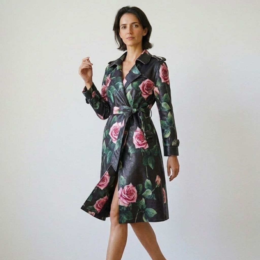 Vestido Trench Cruzado com Cinto e Estampa Floral Marcante
