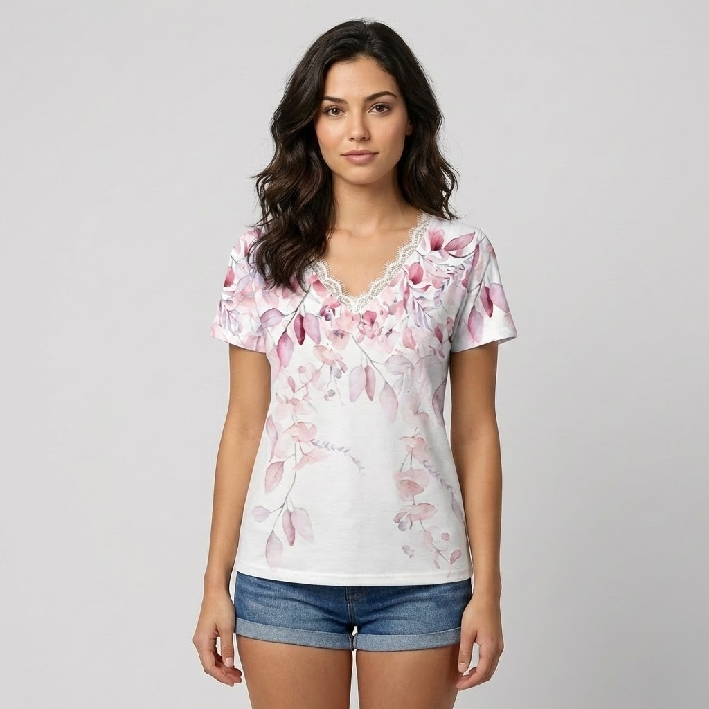 T-shirt fluida com renda delicada | Corte confortável | Estilo feminino natural