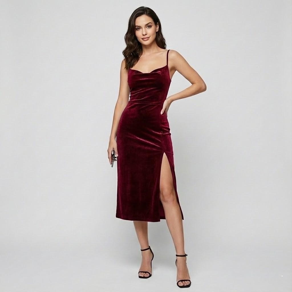 Vestido de noite em veludo suave | Corte ajustado | Abertura lateral sofisticada