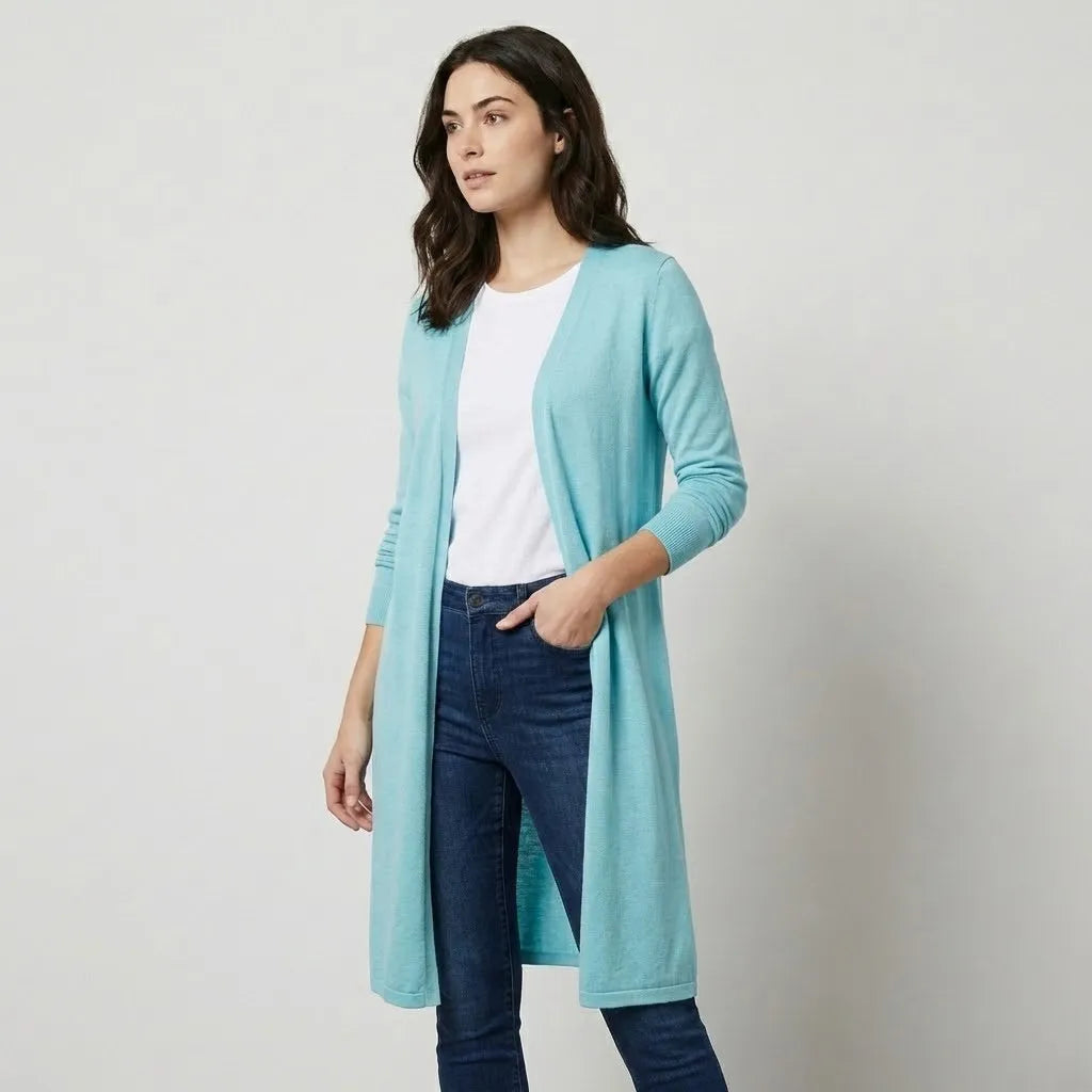 Casaco cardigan leve em malha fluida | Corte alongado | Elegância descontraída