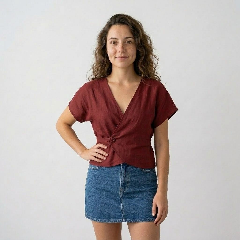 Blusa Ajustada com Decote em V e Cintura Marcada Elegante