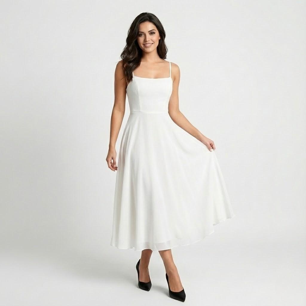 Vestido midi elegante em mistura de viscose | Corte fluido evasé | Estilo feminino intemporal