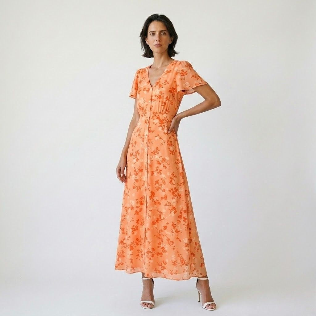 Vestido Comprido Fluido com Manga Curta e Decote em V Elegante