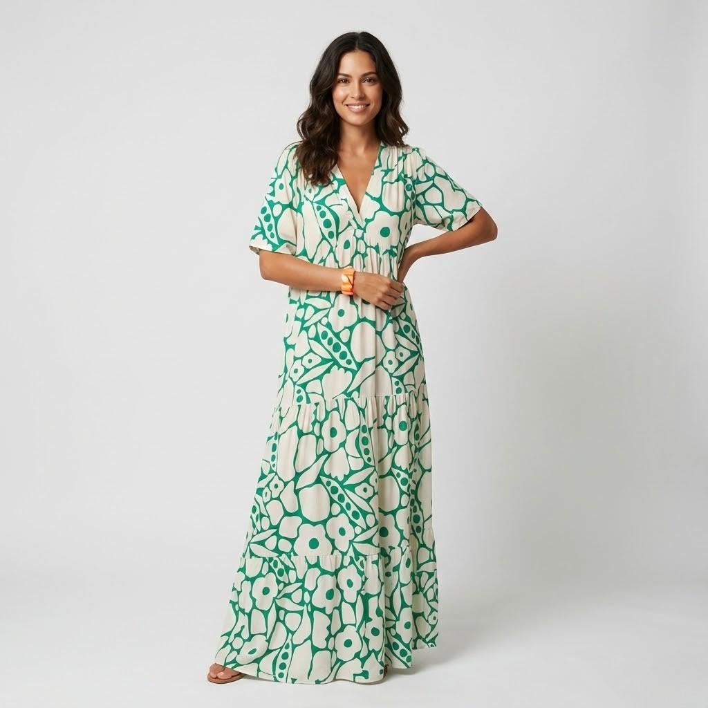 Vestido midi fluido em viscose | Corte solto com decote em V | Frescura de verão