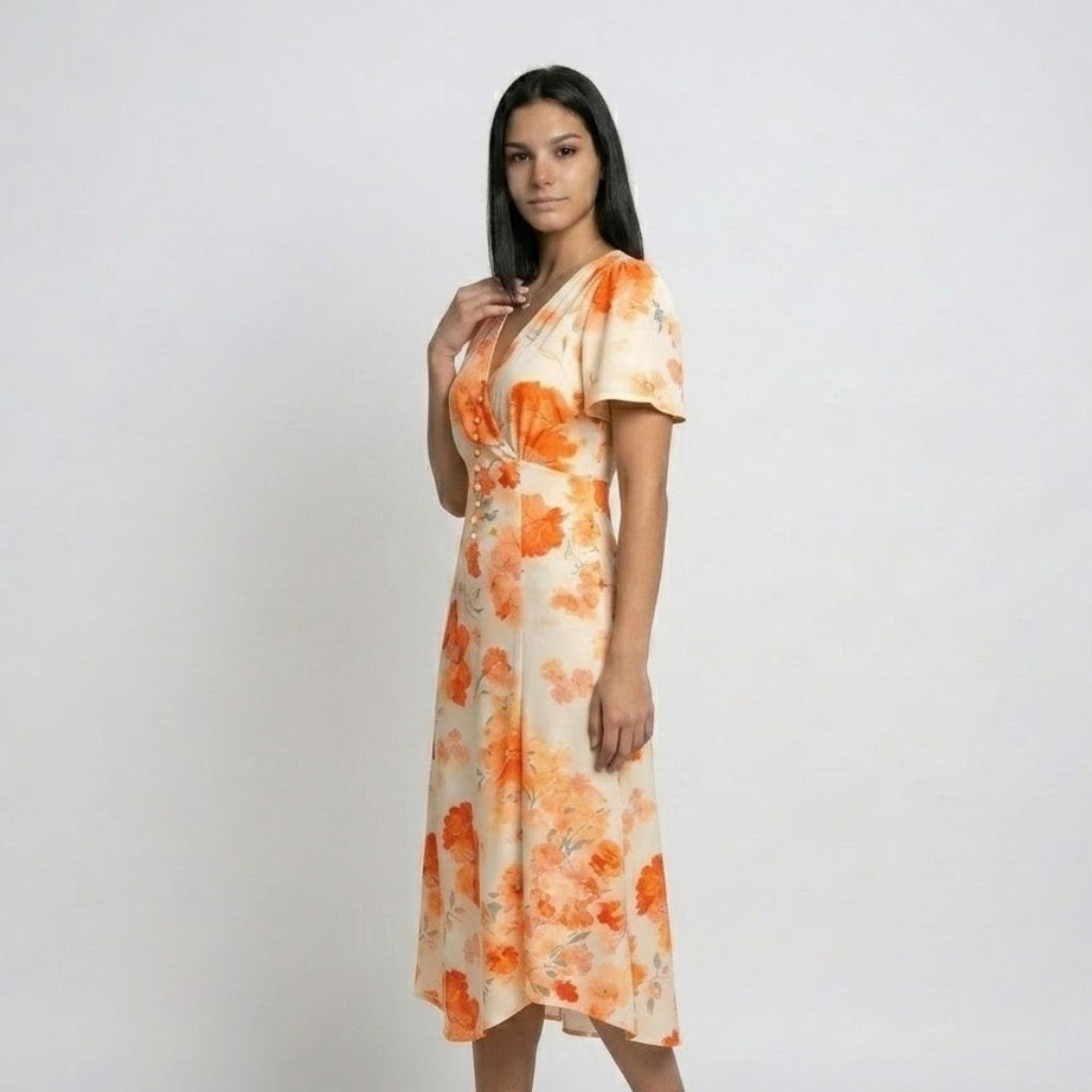 Vestido Fluido Midi com Decote Cruzado e Movimento Elegante
