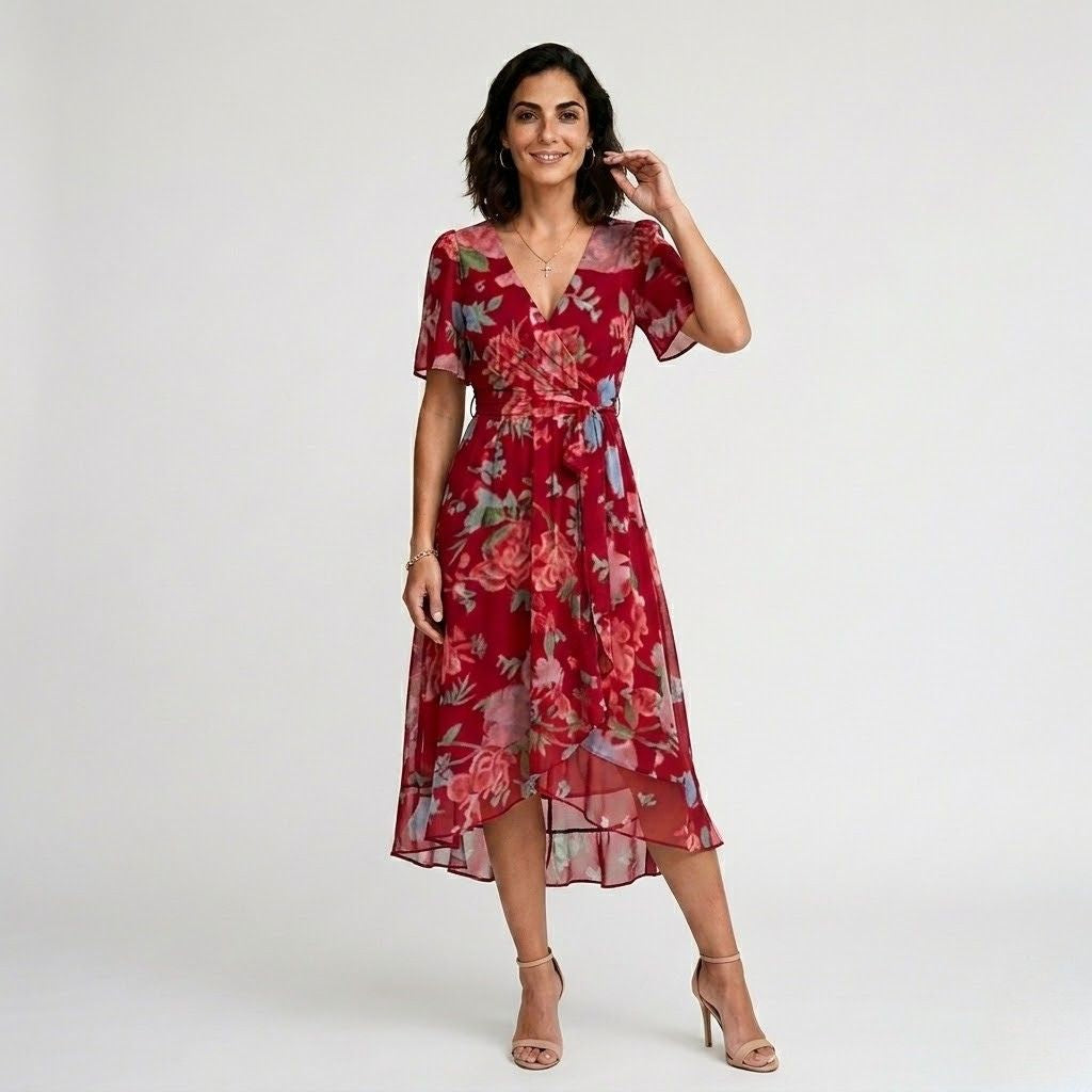 Vestido Midi Fluido com Decote Cruzado e Manga Leve