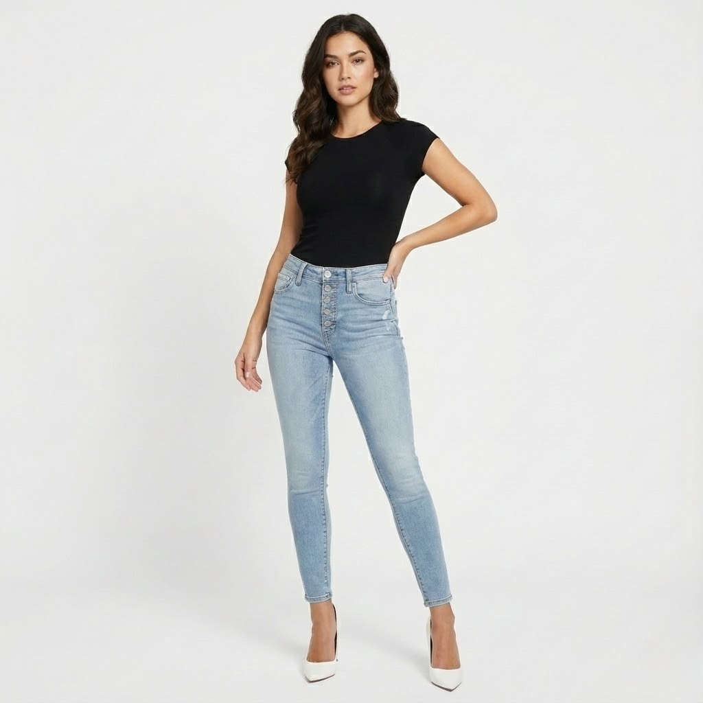 Calças de ganga skinny em mistura de algodão | Cintura subida | Detalhes laterais elegantes