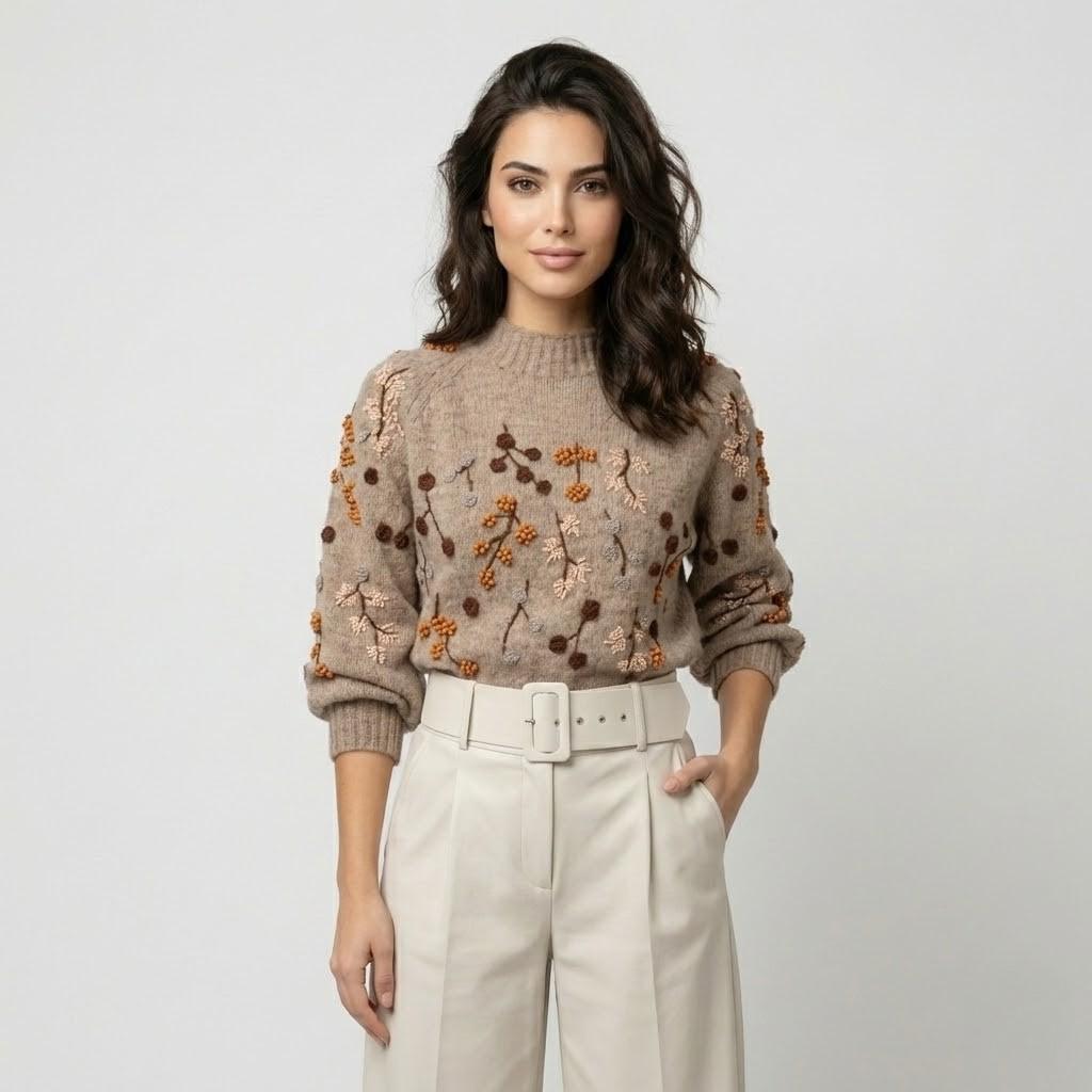 Camisola bordada em malha macia | Corte estruturado | Detalhe floral artesanal