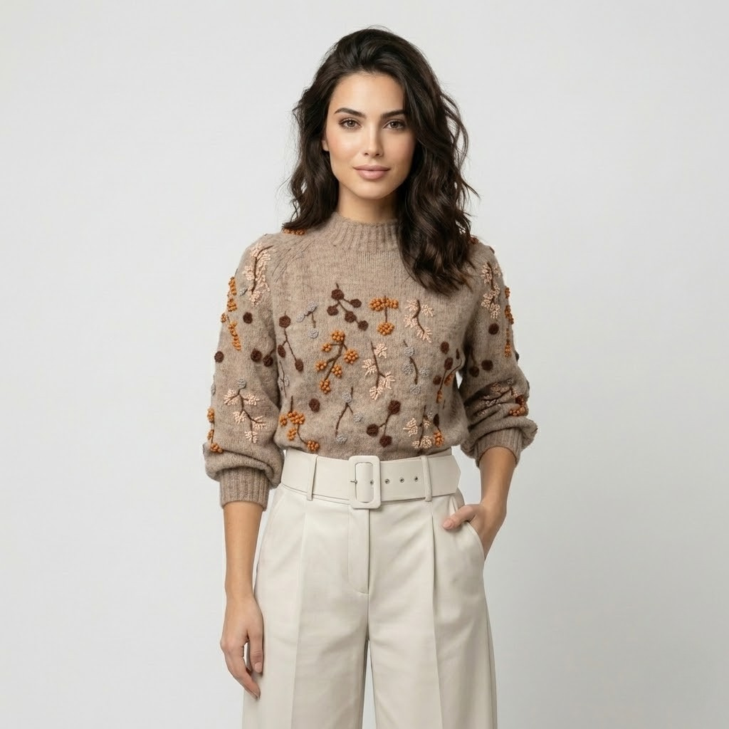 Camisola bordada em malha macia | Corte estruturado | Detalhe floral artesanal