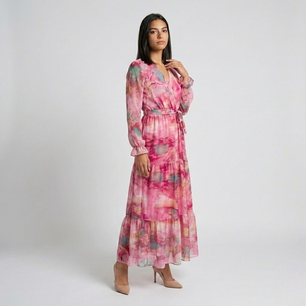 Vestido Midi Fluido com Padrão Artístico e Cintura Ajustável Elegante