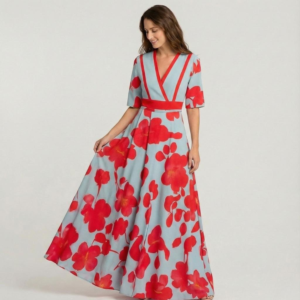 Vestido comprido de mulher com decote em V, estampado floral e bolsos