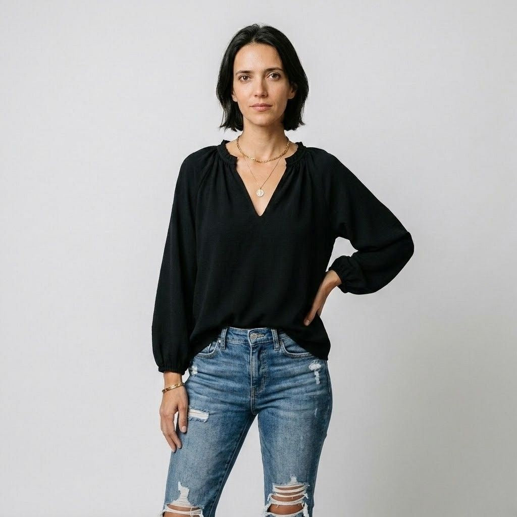 Blusa Fluída com Decote em V e Manga Comprida para Elegância Natural