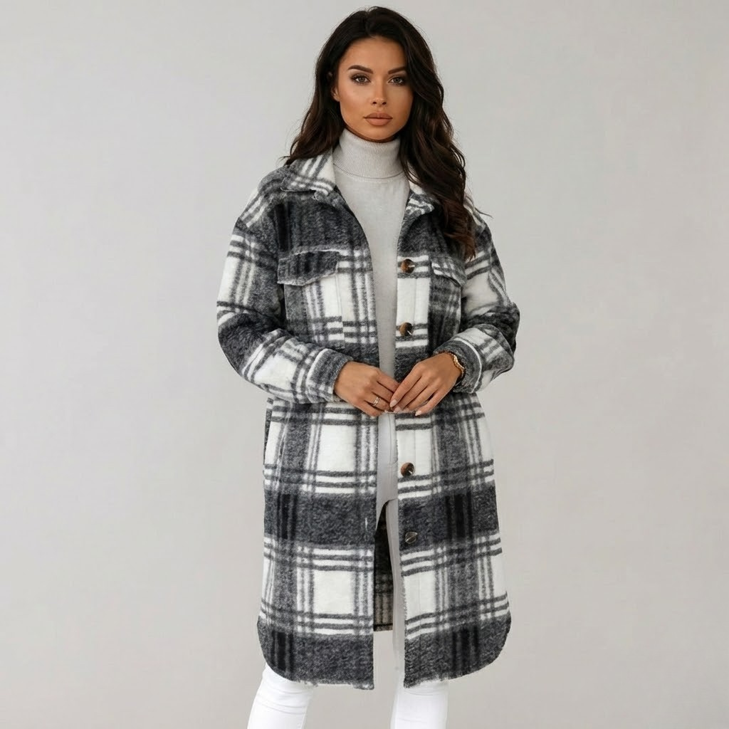 Casaco xadrez em mistura de lã | Corte direito | Estilo casual elegante