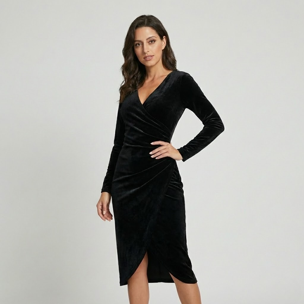 Vestido elegante em veludo suave | Corte justo cruzado | Sofisticação para ocasiões especiais