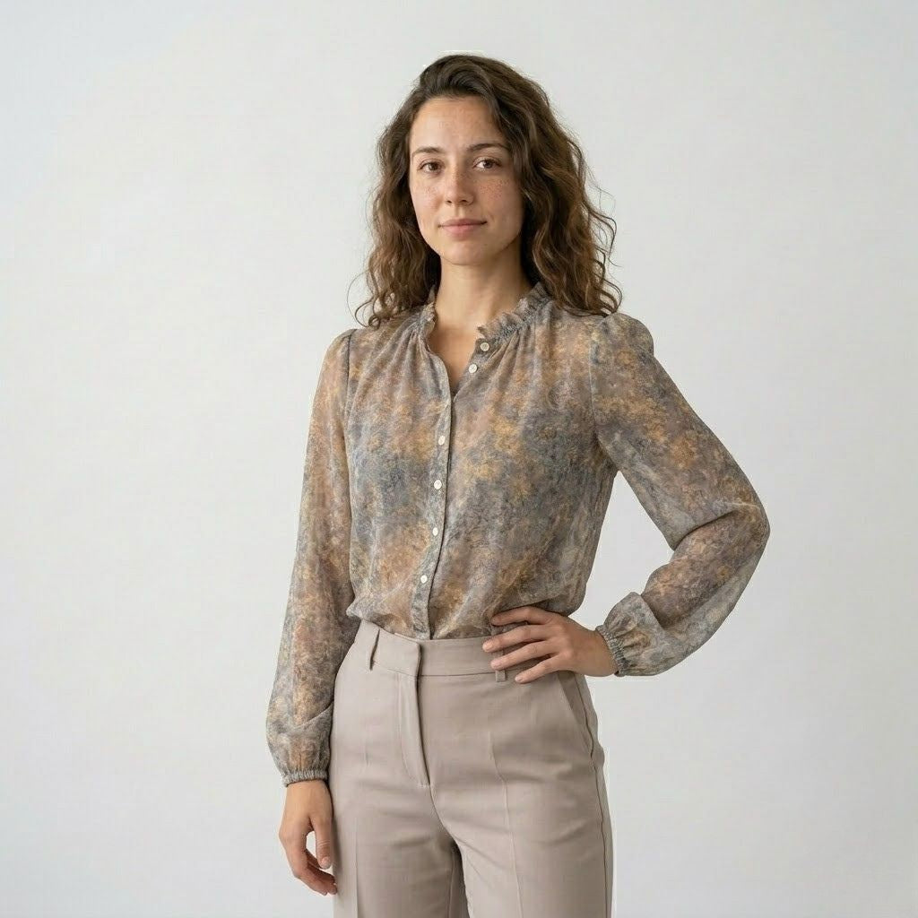 Blusa Fluida com Gola Franzida e Mangas Soltas Elegantes