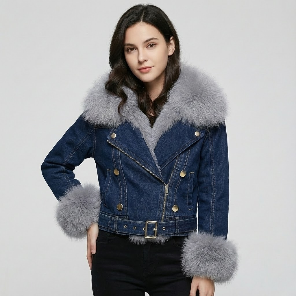 Casaco curto em denim | Corte estruturado | Detalhes em pelo sintético