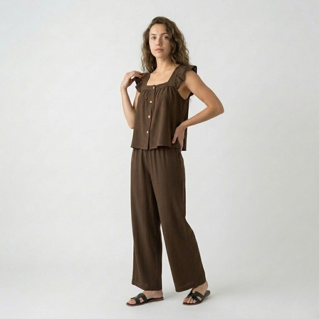 Conjunto Fluido com Top com Folhos e Calça Ampla Confortável