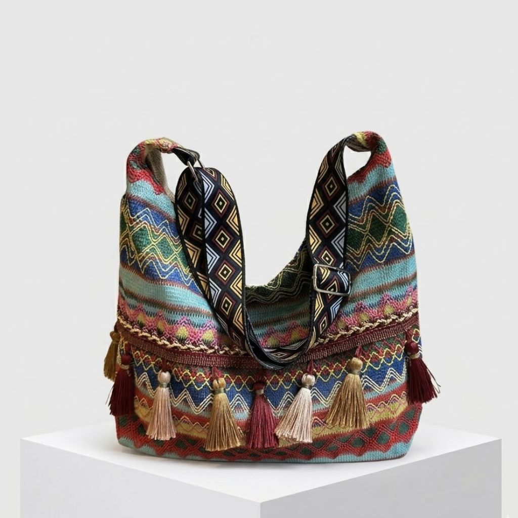 Mala de Ombro Boho com Padrão Étnico e Detalhes Decorativos