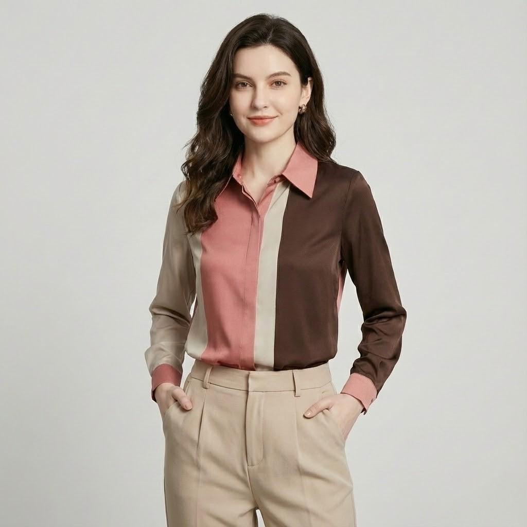 Blusa acetinada com patchwork elegante | Corte fluido | Estilo urbano sofisticado