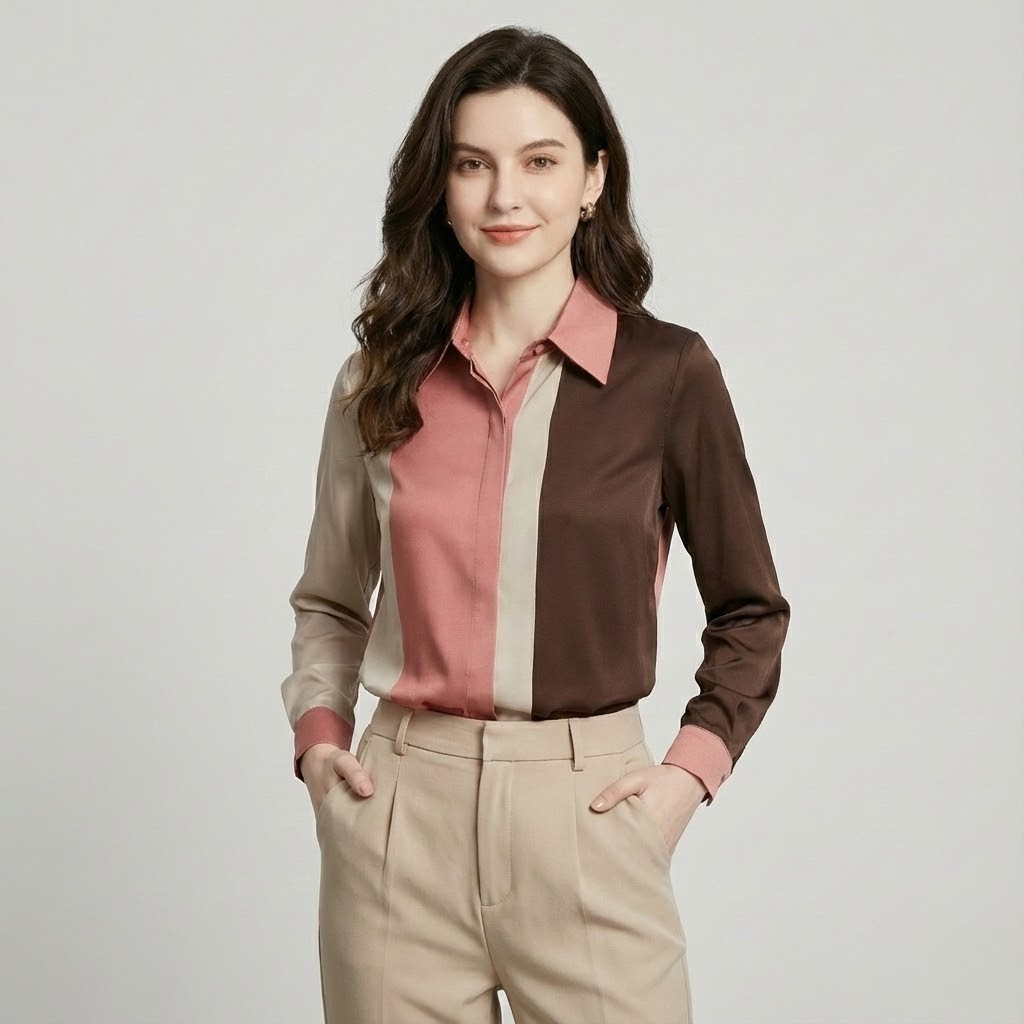 Blusa acetinada com patchwork elegante | Corte fluido | Estilo urbano sofisticado