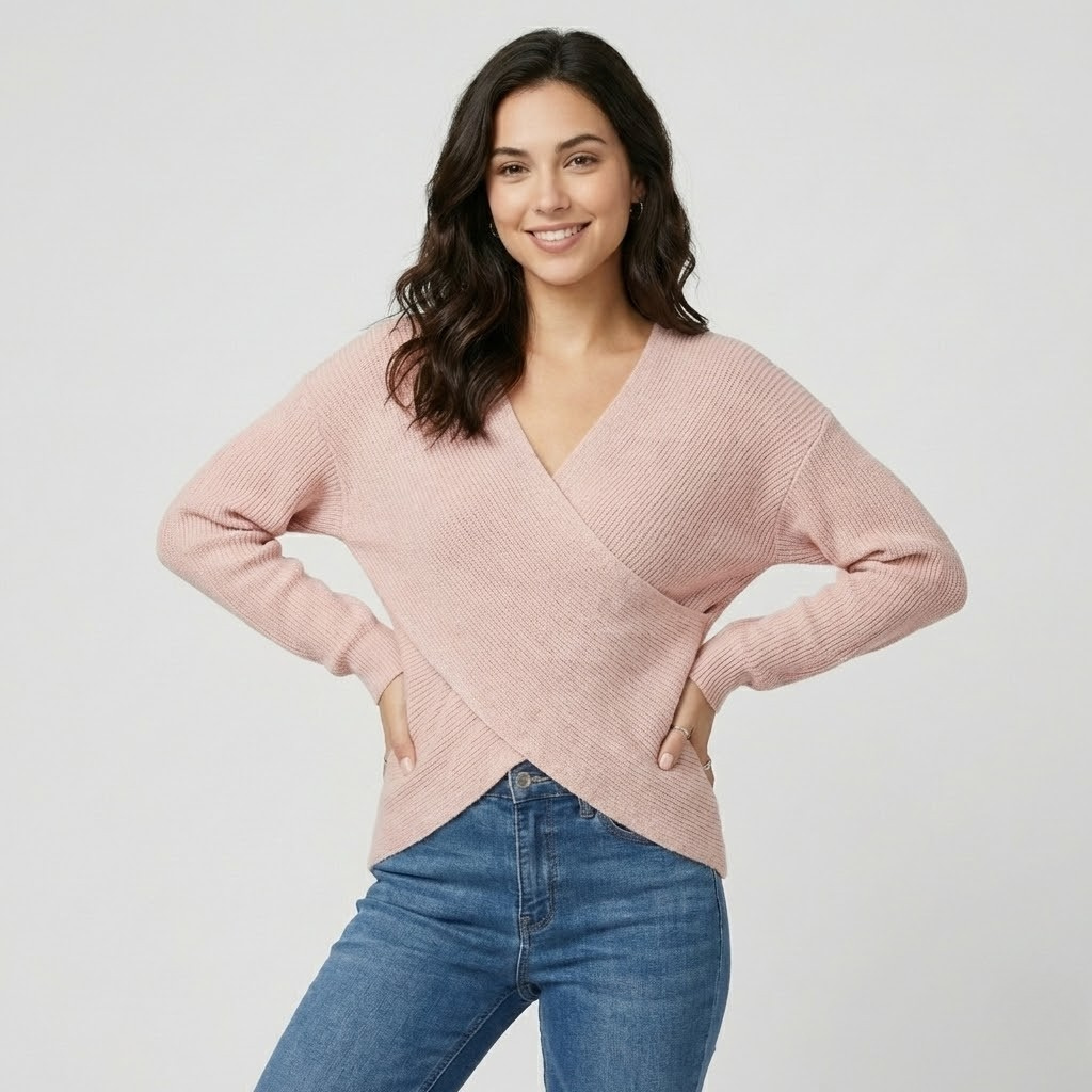 Camisola cruzada em malha canelada | Corte confortável | Decote em V elegante