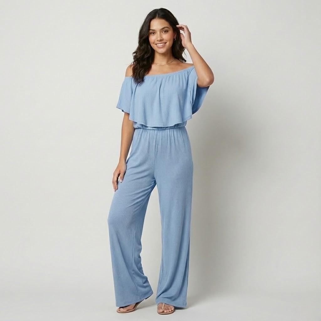 Macacão fluido off-shoulder em mistura leve | Corte solto | Elegância descontraída