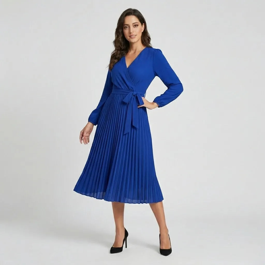 Vestido midi fluido em mistura de viscose | Cintura marcada | Elegância intemporal