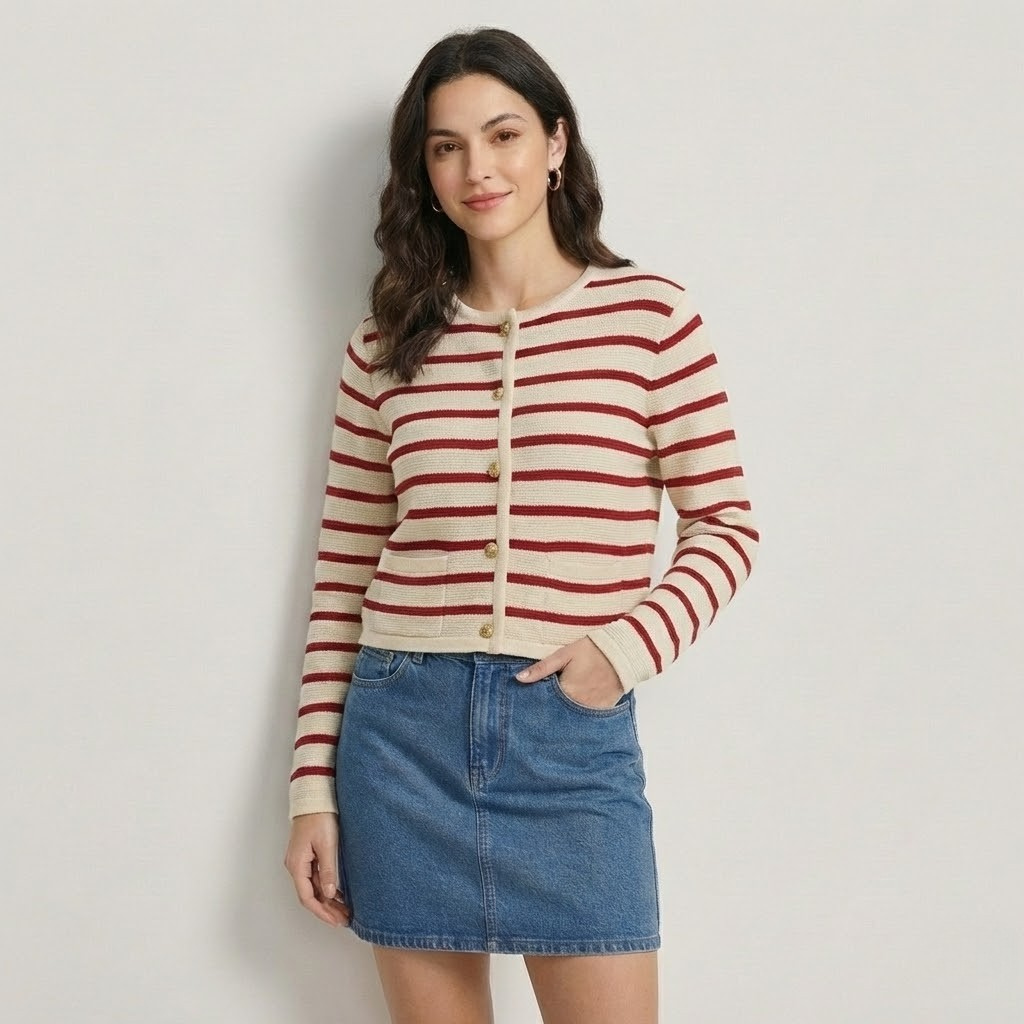 Cardigan de malha às riscas em algodão | Corte direito | Estilo intemporal