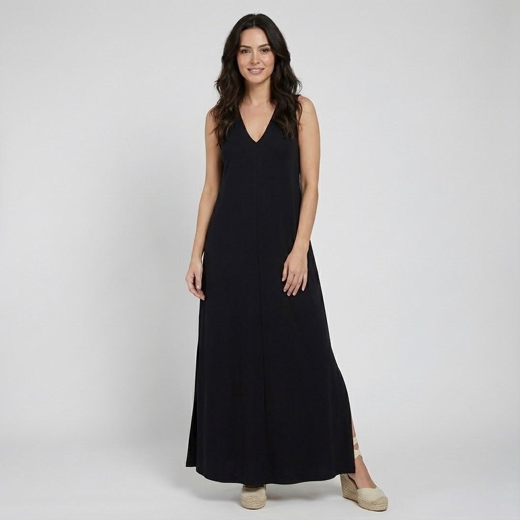 Vestido longo fluido de inspiração clássica | Decote em V | Elegância intemporal