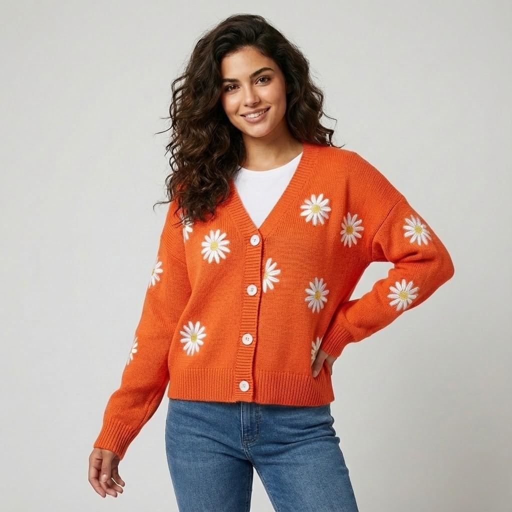 Cardigan Feminino em Malha com Botões e Padrão Floral