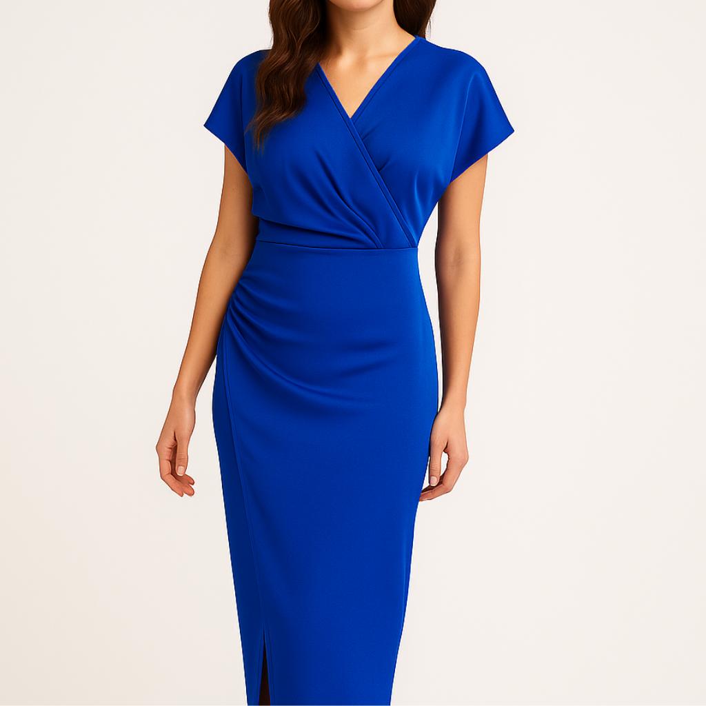 Vestido midi feminino com decote cruzado e corte elegante