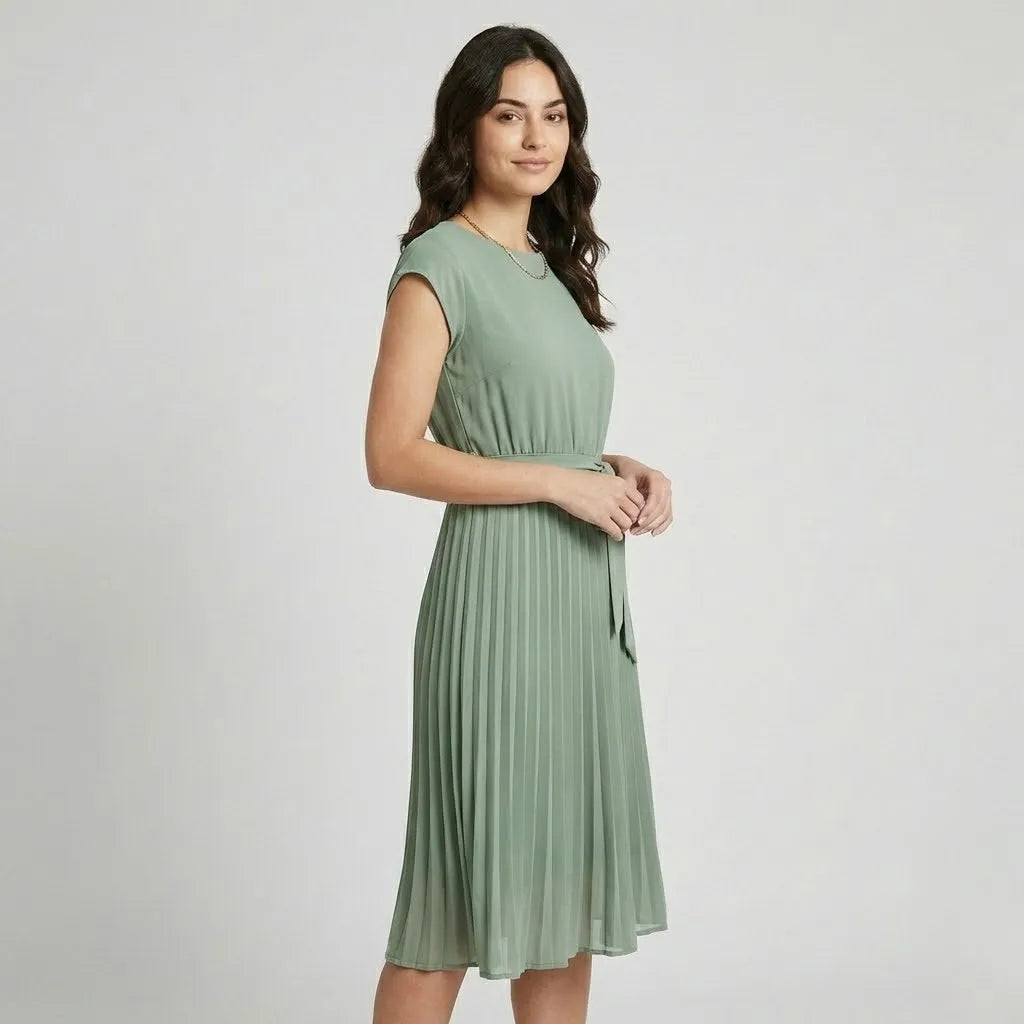 Vestido midi plissado em mistura de viscose | Cintura ajustável | Elegância versátil